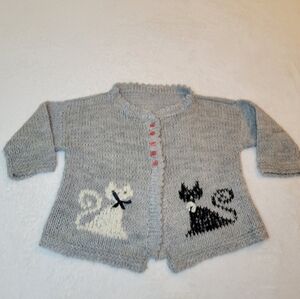 Handmade Girls Grey Cat Sweater OOAK Bows Cardigan Button Soft Loose Knit